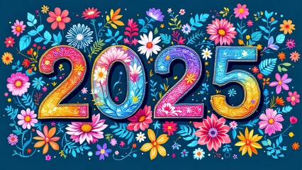 A vibrant, ornate illustration of "2025" surrounded by colorful flowers, symbolizing the joy and celebration of the New Yea
