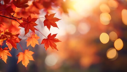 A vibrant cluster of red and yellow maple leaves illuminated by soft autumn light in a blurred background. Generative AI