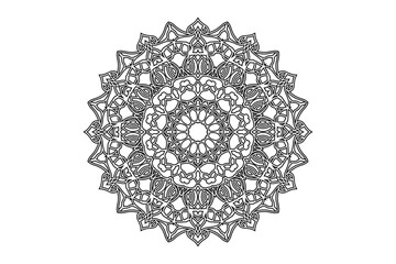 Symmetrical black and white mandala art set against a clean white background, featuring intricate details