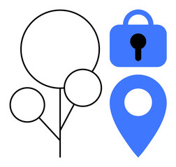 Minimalistic drawing of a circular tree outline in black surrounded by two smaller circles and a blue padlock and location pin. Ideal for nature, security, navigation, simplicity, technology. Modern