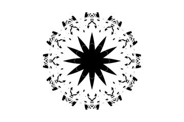 Black and white mandala sketch with intricate line work and unique shapes in a circular motif