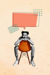 Vertical photo collage of happy girl sit chair colorful text box communication speech bubble talk...