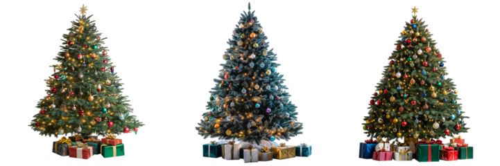 A beautifully decorated Christmas tree with lights and colorful ornaments, isolated on a white background, with a few wrapped presents at the base