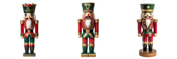 A wooden nutcracker soldier dressed in a traditional red and green uniform, isolated on a transparent background