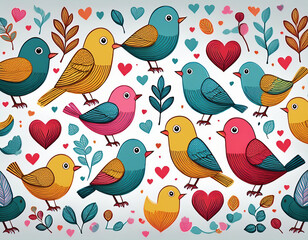 Full frame seamless pattern with colorful cute birds, leaves and hearts. Vector illustration for textile design