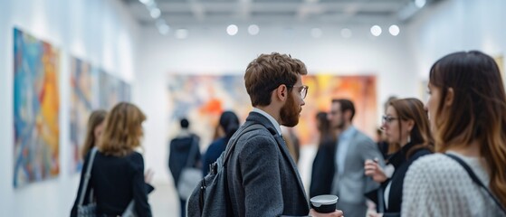 Attendees mingle and appreciate art at a modern gallery opening, enjoying conversation and drinks in a vibrant, cultural atmosphere.