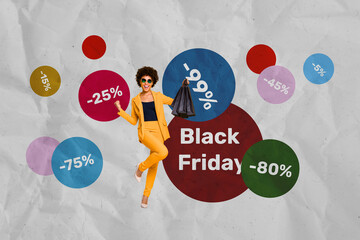 Composite photo collage of happy american girl hold packages sale offer bargain purchase black...