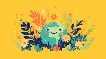 World Environment Day banner featuring a smiling Earth, set against a vibrant yellow background, highlighting nature and sustainability