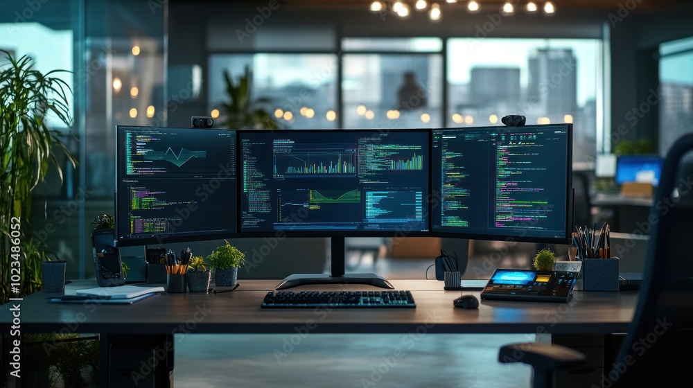 Poster Triple Monitor Setup With Code, Graphs, and Charts Displayed on a Modern Desk