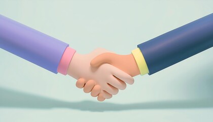 Naklejka premium Business Deal Sealed: A 3D illustration of two cartoon businessmen shaking hands over a table, symbolizing a successful agreement. The image is vibrant and engaging.