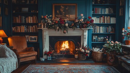 A cottagestyle living room with a cozy fireplace