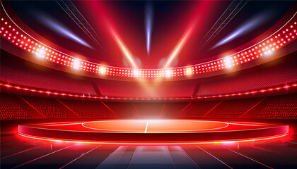 Abstract red lighting tech background stadium stage hall with scenic lights of round futuristic technology half black vector empty stage spotlight background.Generative AI