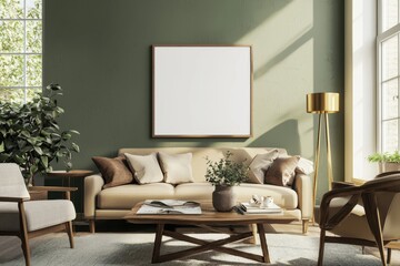 Home Decor Stock image of a warm and cozy interior composed of a mock-up poster frame with a wooden sideboard, white sofa, green stand, base with leaves, plants, and stylish lamp.