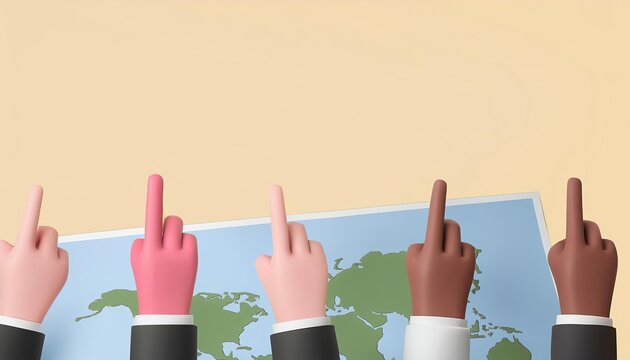 Global Reach: A diverse group of hands, each pointing towards a world map, symbolizes a global business network,  and the potential for reaching new markets.  