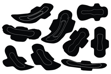 Woman sanitary napkin silhouette set. Black and white sanitary pads. Illustration of sanitary napkin. Female menstrual pads isolated. Menstrual care, maxi, period towel, feminine hygiene, protection.