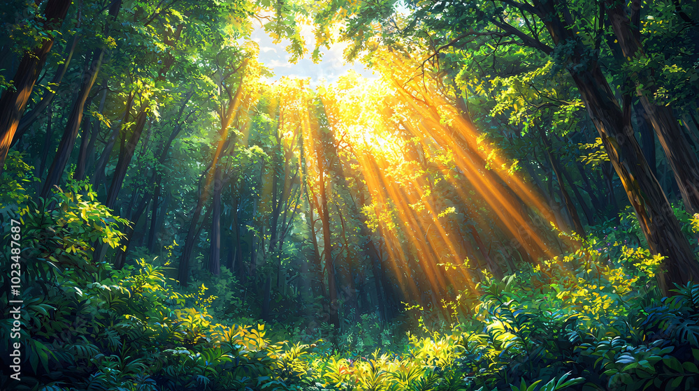 Poster serene forest scene with sunbeams filtering through dense canopy, creating magical atmosphere. vibra