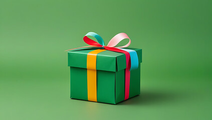 gift box wrapped multicolored ribbons green surface