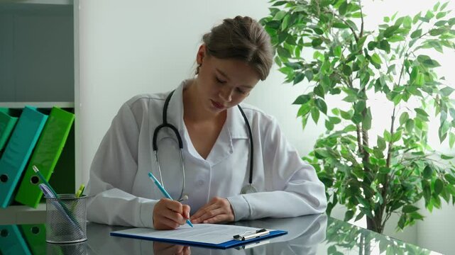 Woman doctor in white coat sitting at desk writing application, filling patient medical rx form documents on clipboard. Medical treatment concept.