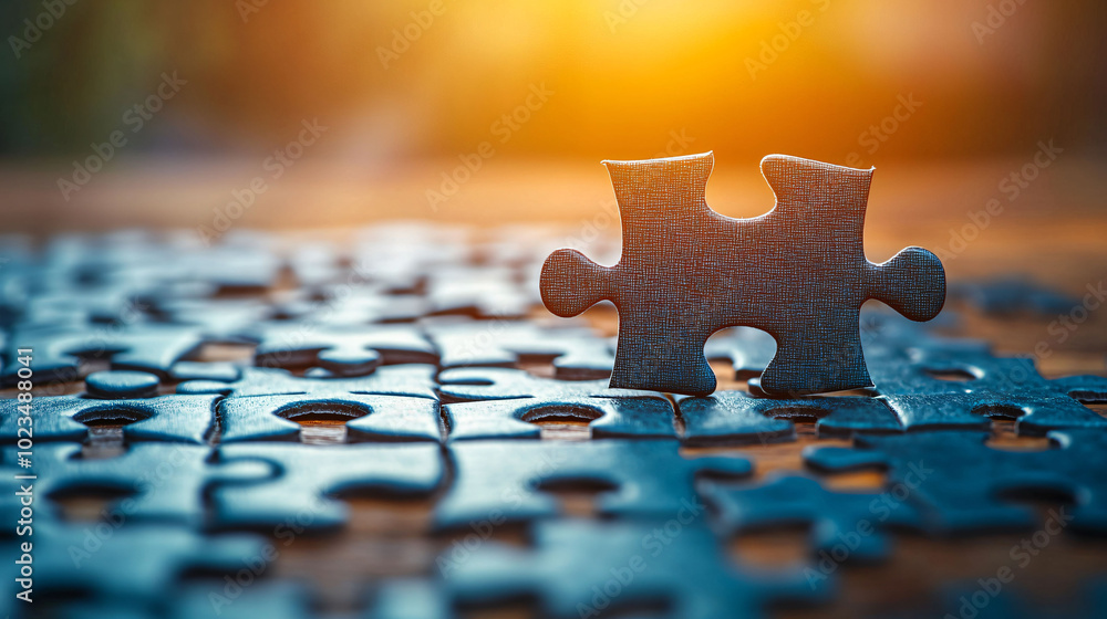 Poster puzzle piece stands out against backdrop of scattered pieces, symbolizing joy of completion and sati