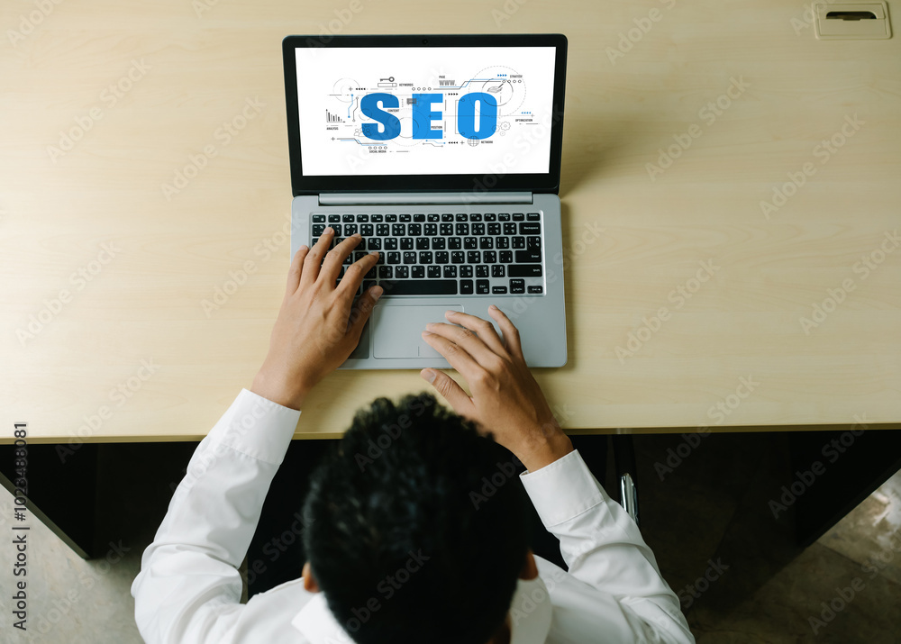 Poster seo search engine optimization for modish e-commerce and online retail business showing on computer 