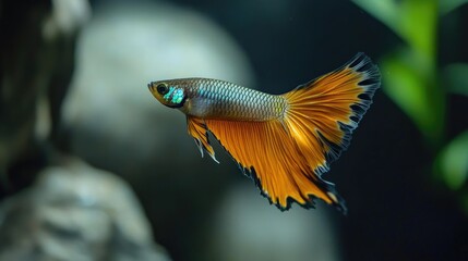 Fototapeta premium A guppy fish with a flowing tail darting through a dark aquarium, its radiant colors standing out against the shadows.