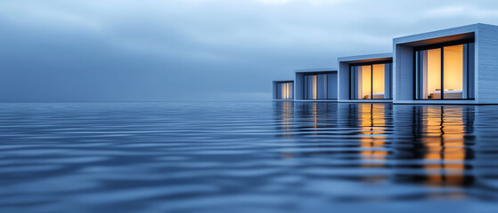 Scenic view of modern floating houses reflecting in calm water during twilight.