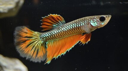 A single guppy fish gliding through a dark tank, its shimmering tail catching the light as it moves through the water.