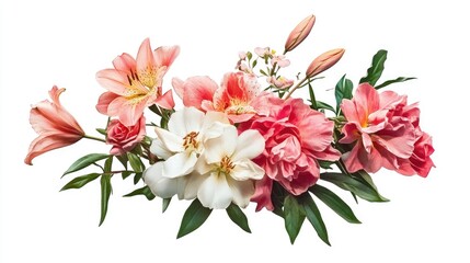 Obraz premium A stunning garden scene of roses, lilies, and peonies in a lush arrangement, set against a white background with transparent PNG.