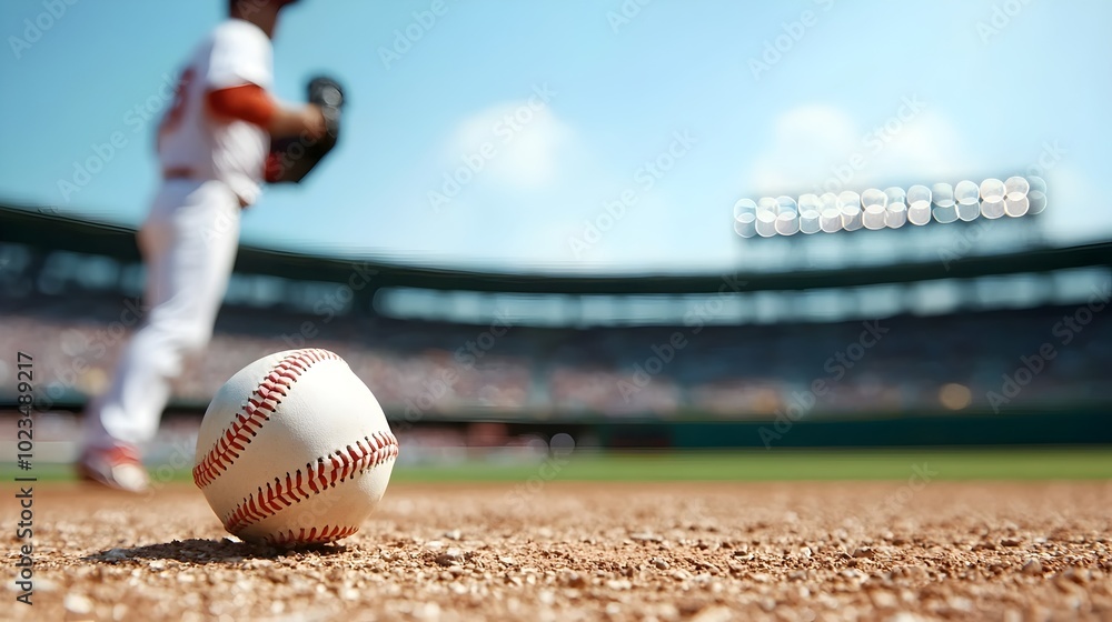 Poster close-up of a pitcher delivering a fastball, with excitement building in the stadium and the scorebo