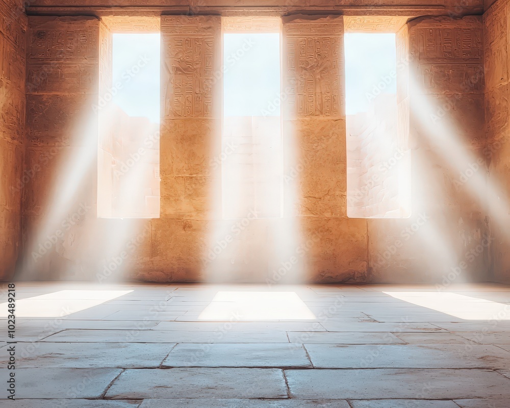 Poster sunlight streams through the stone walls of an ancient temple, creating a serene and mystical atmosp