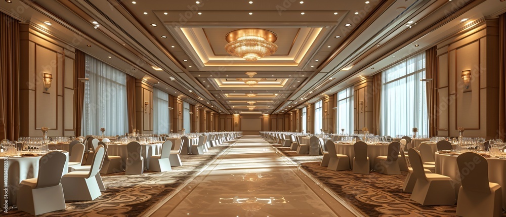 Wall mural spacious banquet hall featuring elegant seating and modern decor, perfect for weddings and corporate