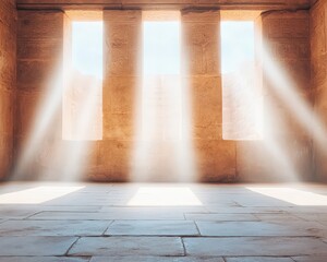 Sunlight streams through the stone walls of an ancient temple, creating a serene and mystical atmosphere. The warm beams evoke feelings of peace and spirituality.