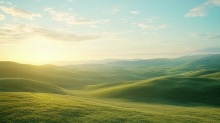 Rolling Green Hills at Sunset with a Clear Sky