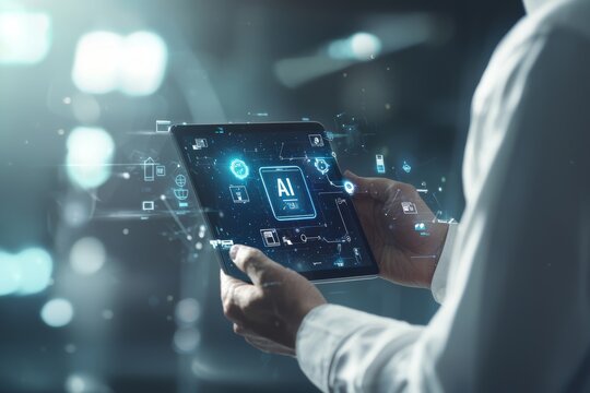 Concept of marketing with stock, new paradigms of market research, AI technology in business development. Digital technology to sell with AI.