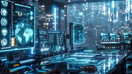Fototapeta premium Futuristic Workspace with Advanced Technology Displays