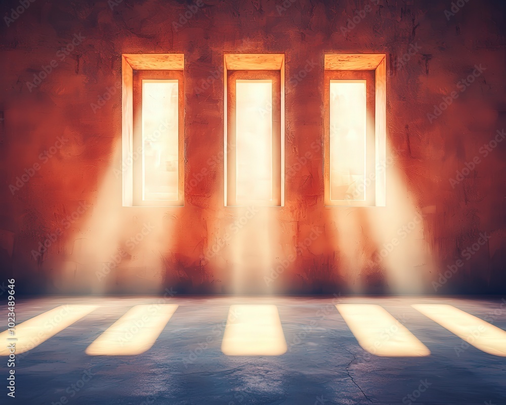Poster soft rays of sunlight stream through three windows, creating a tranquil atmosphere in a minimalist s