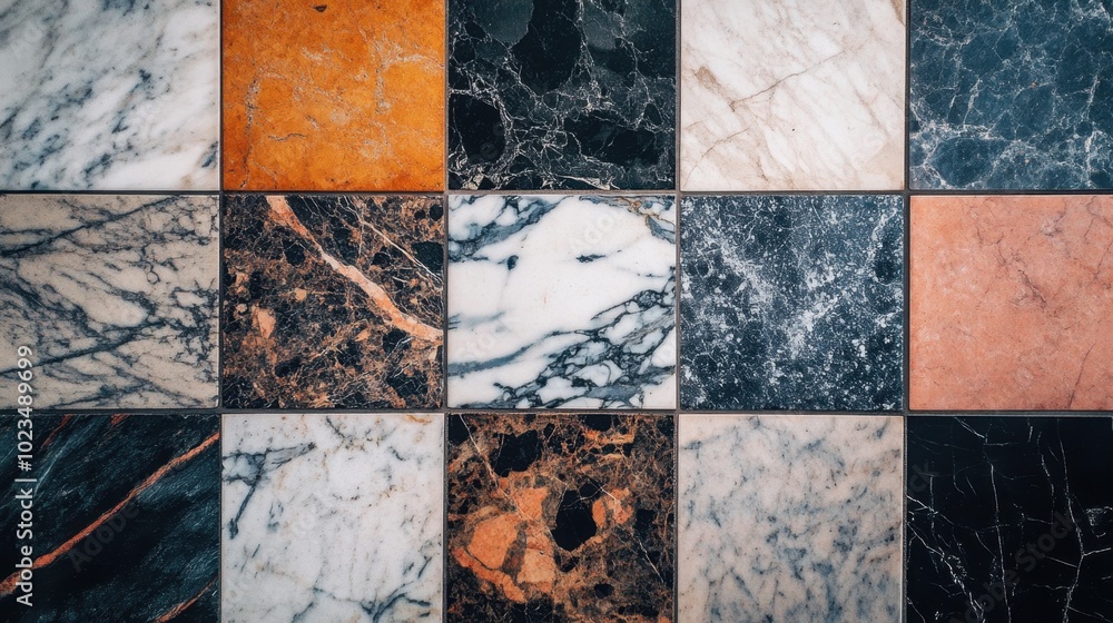 Poster marble tiles in varying colors and patterns, each polished to perfection, emphasizing their unique t