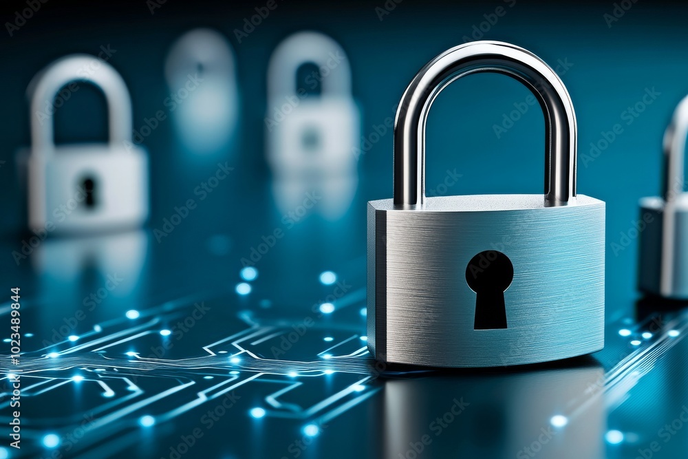 Aufkleber isometric design of security padlocks and computers on blue background