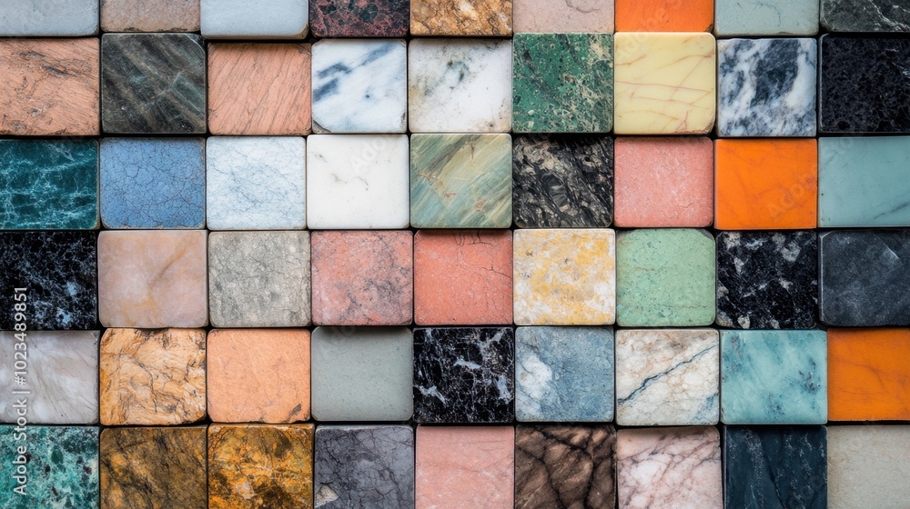 Poster marble tiles in varying colors and patterns, each polished to perfection, emphasizing their unique t