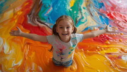 A cheerful young girl stands amidst vibrant paint splashes, celebrating creativity. Ideal for art, childhood, and fun-themed projects.