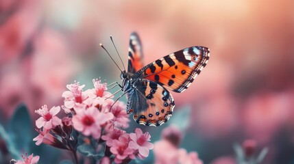 Obraz premium A colorful butterfly with orange, black, and white wings sits on a pink flower with green leaves against a pink and orange blurred background.