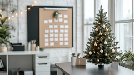 Minimalist Christmas tree decorated with white and gold ornaments stands in a sleek, modern office setting. The clean design complements the minimalist workspace. Image made using Generative AI.