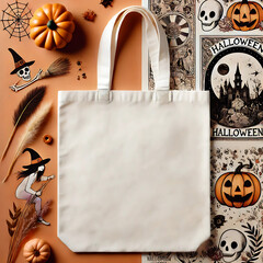 Tote Bag Mockup on Vintage Halloween-Themed Background