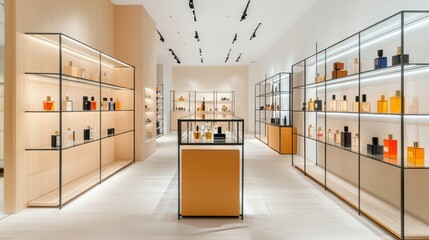 Modern perfume shop interior with elegant displays and bright lighting.