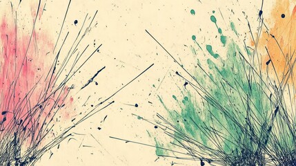 Abstract artwork featuring colorful splashes and lines, evoking a sense of movement.