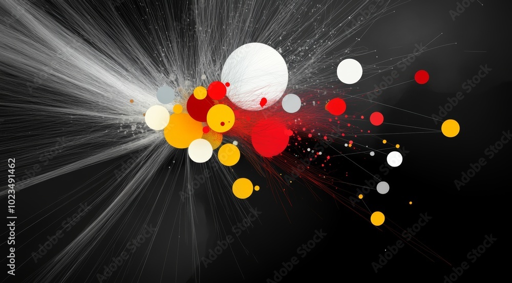 Poster network of interconnected nodes on a black background with red and yellow dots