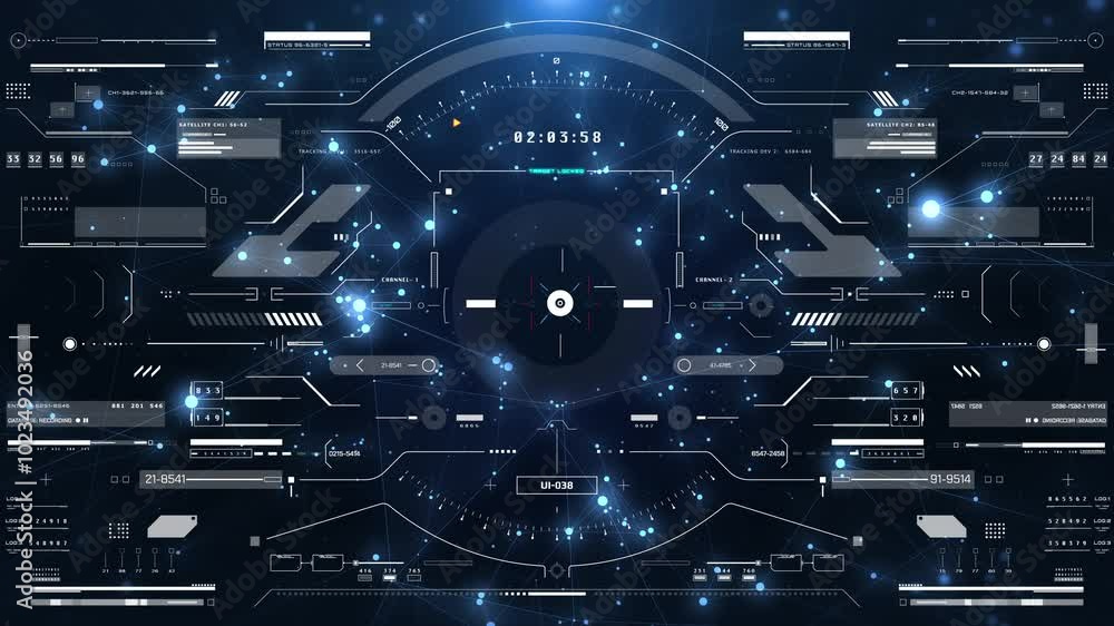 Poster HUD screen surveillance aerial view fly through in cyber low poly galaxy. Technology digital head up display UI scanning interface 4K motion background.