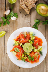 smoked salmon with avocado and herbs