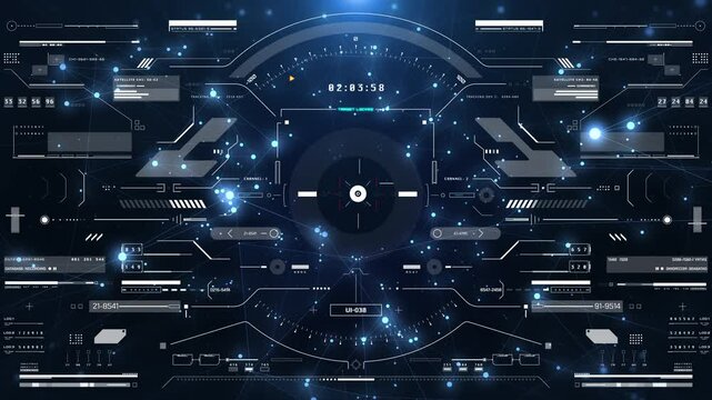 HUD screen surveillance aerial view fly through in cyber low poly galaxy. Technology digital head up display UI scanning interface 4K motion background.
