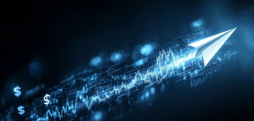 A dynamic illustration of a paper airplane soaring through a digital landscape with ascending data lines and dollar symbols, representing innovation and growth.